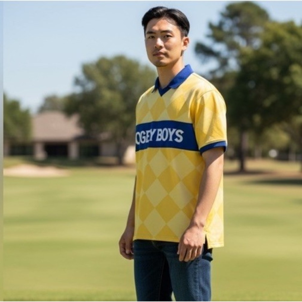 Bogey Boys‎ Men's M Athletic Checkered Polo Shirt Yellow Blue New 9823